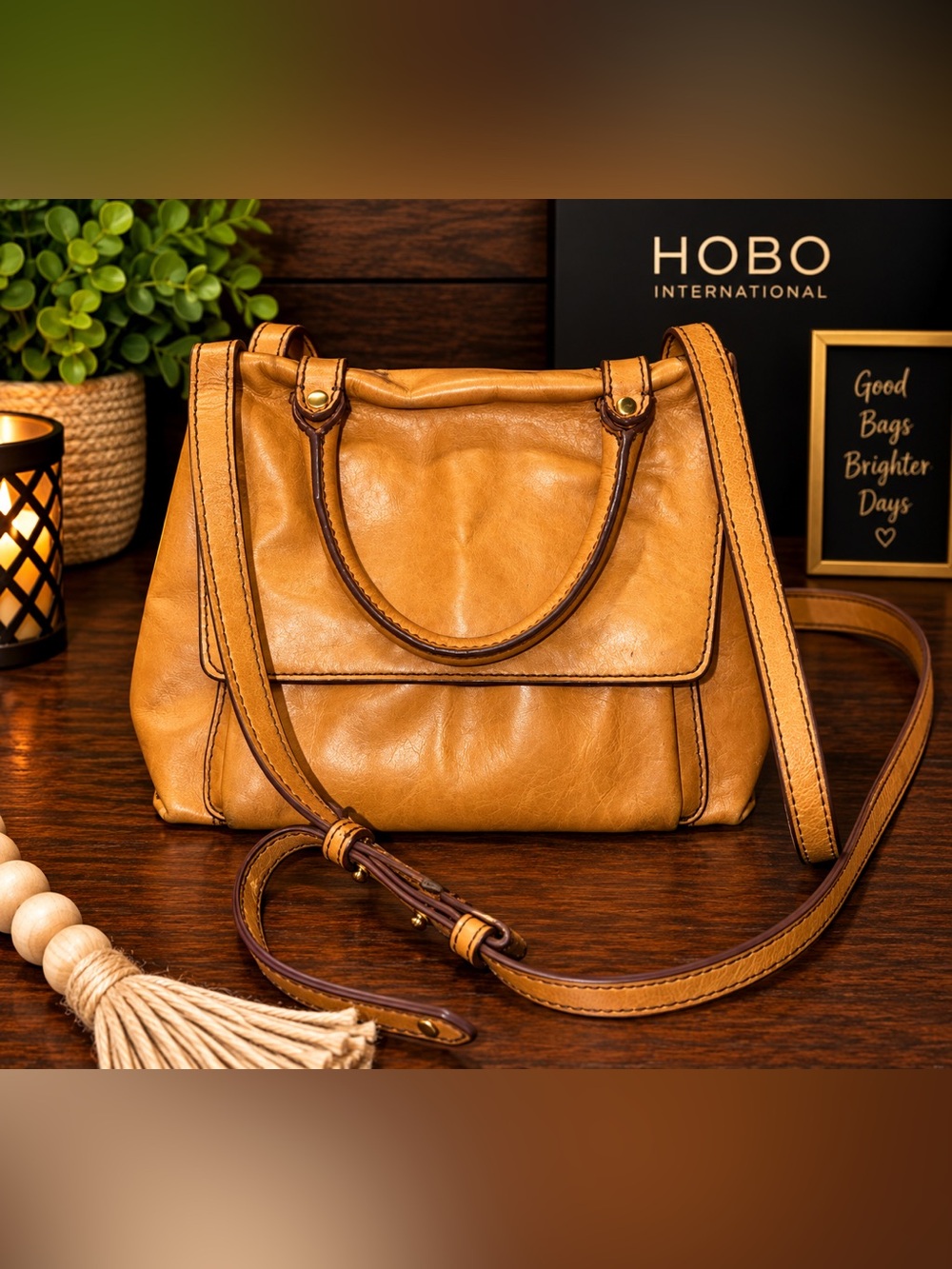 HOBO International Tan Leather Convertible Satchel / Crossbody